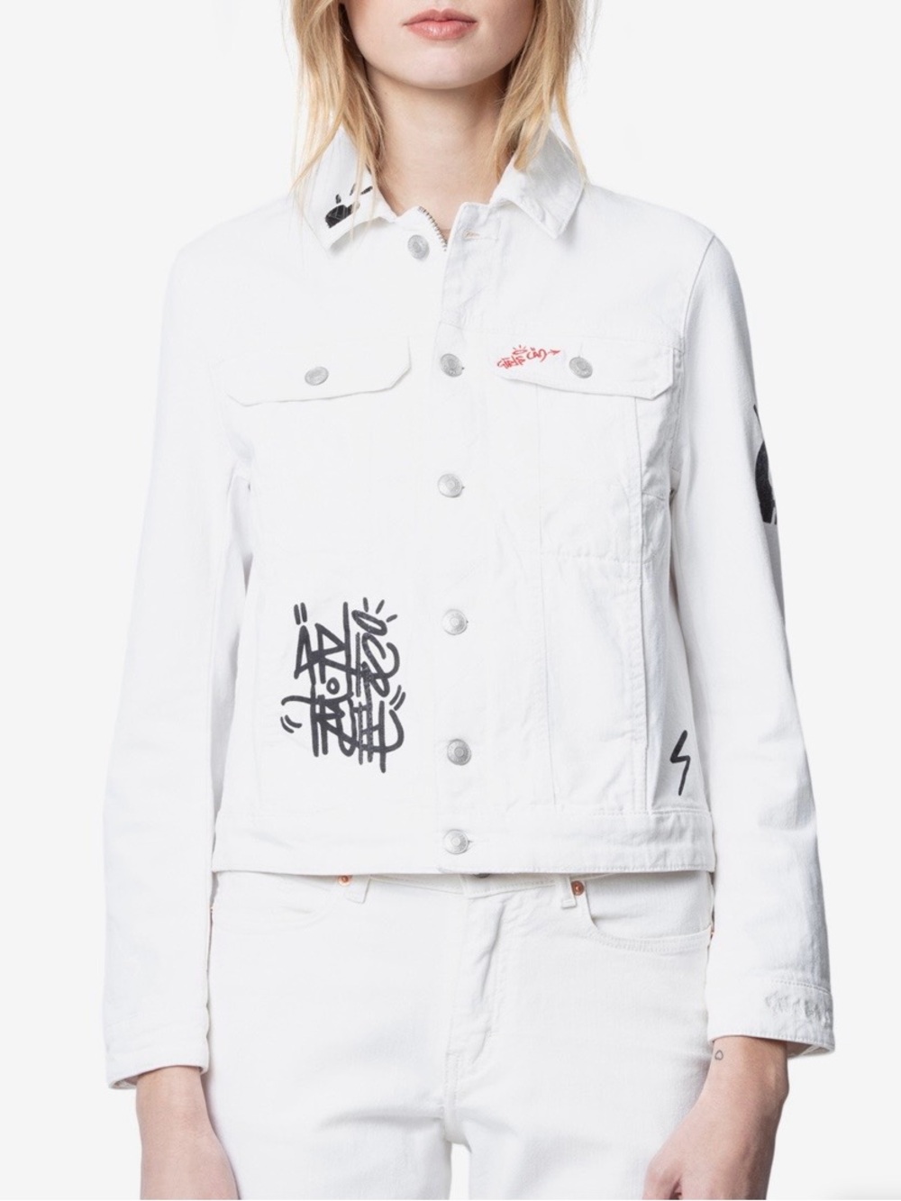 Zadig & Voltaire White Denim graffiti Jacket with Black Graphic Accents size s